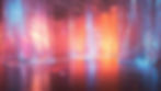 Translucent curtains in pink, orange, and blue hues hang in an art gallery. Soft, colorful lights create a dreamy, ethereal mood.