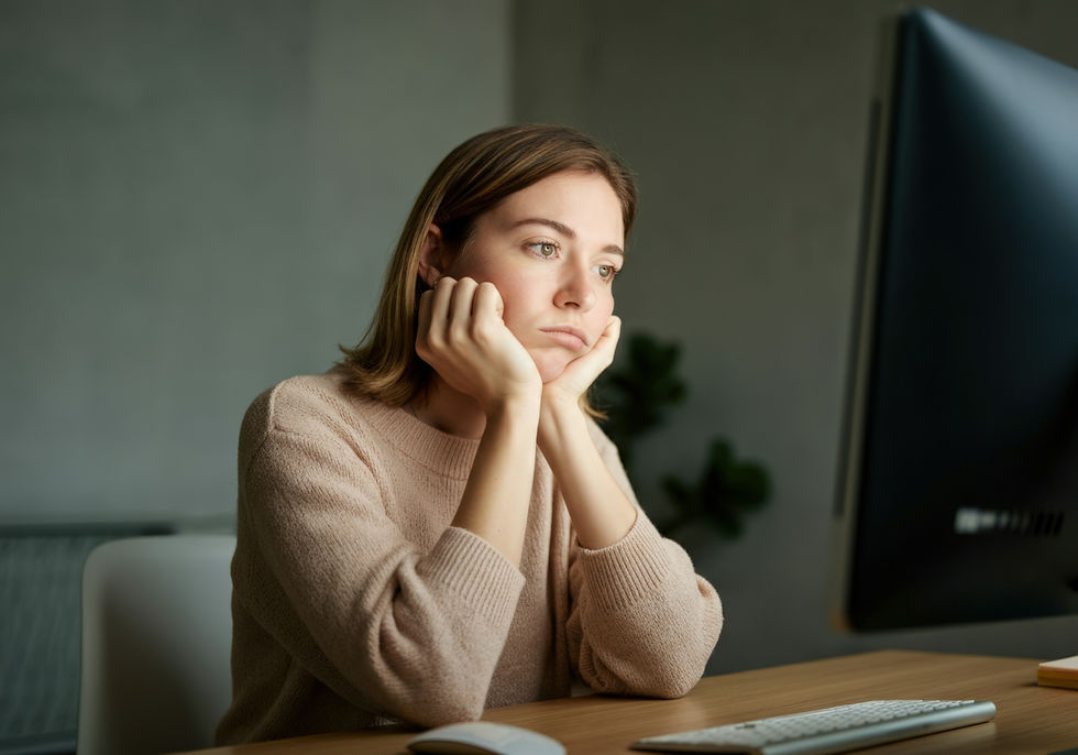 woman with chin in hands staring blankly at monitor