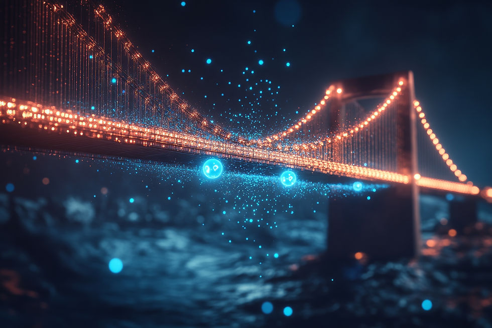 A glowing suspension bridge at night with orange lights. Blue particles float in the foreground, creating a magical and vibrant scene.