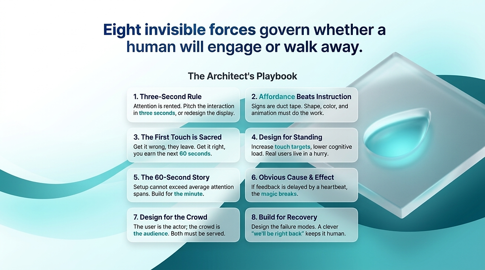 Text describes eight design principles for user engagement on a blue gradient background with a raised, beveled, transparent shape.