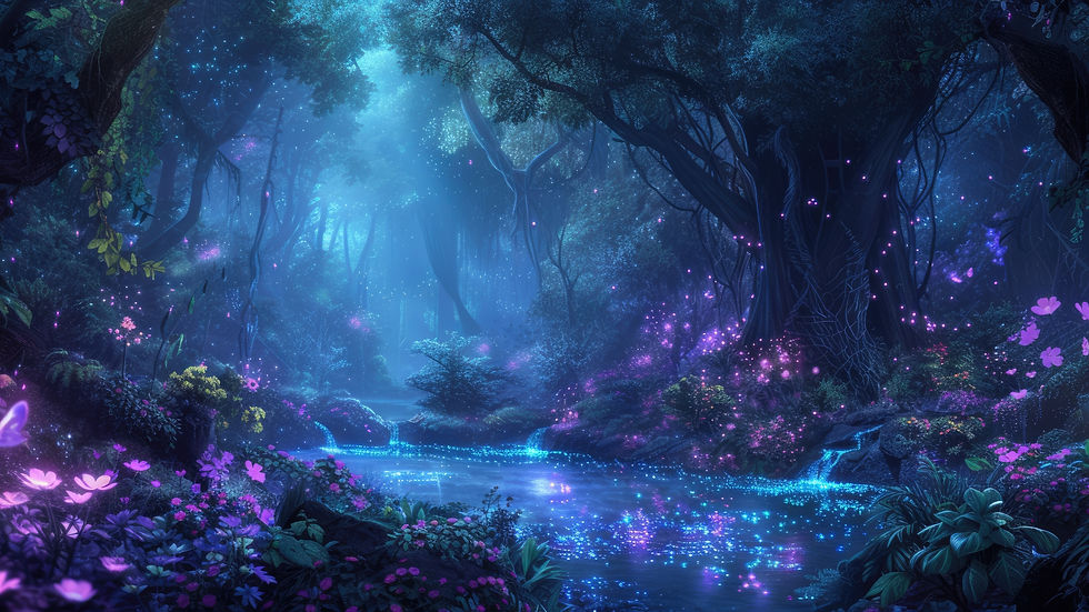 Magical forest scene with glowing pink and blue flowers, a serene stream, and large trees. Enchanted, dreamy atmosphere with shimmering lights.