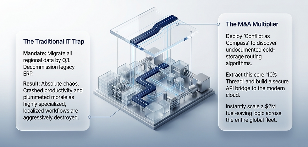 Diagram with text on IT strategies; left: "Traditional IT Trap," chaos from data migration; right: "M&A Multiplier," efficient data integration.