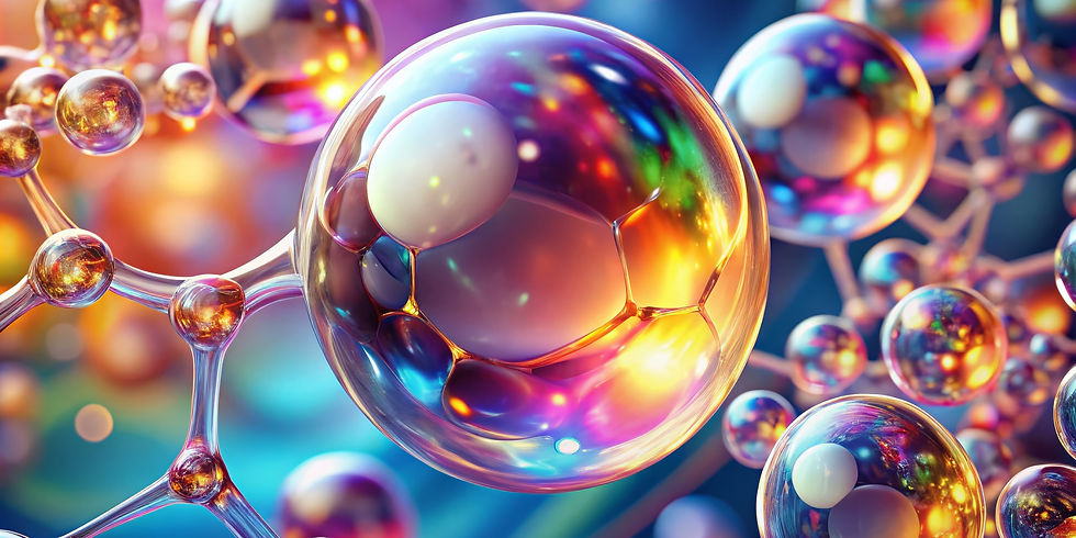Colorful, reflective molecular structures interconnected on a vibrant, glowing background. The image has a futuristic and energetic vibe.