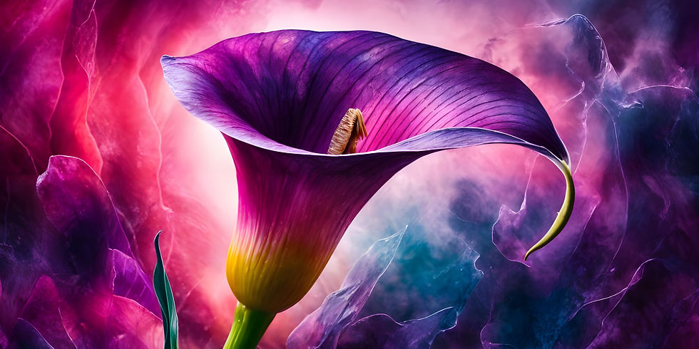 A vibrant purple calla lily with a yellow center against a swirling pink and blue abstract background, creating a dreamy, ethereal mood.