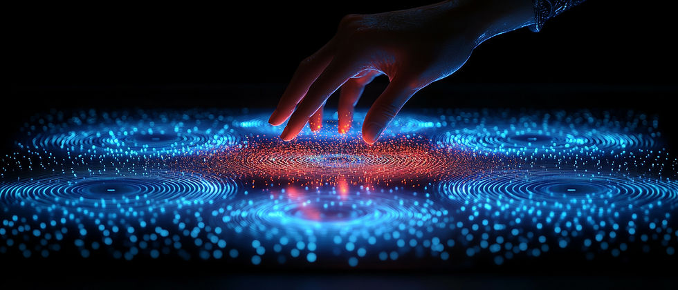 A hand hovers over a glowing digital interface with blue and red concentric circles, creating a futuristic and interactive feel.