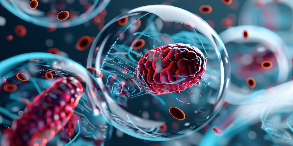 Cells containing red, brain-like structures float in a blue and black space. Red discs surround the cells, creating a dynamic, scientific mood.