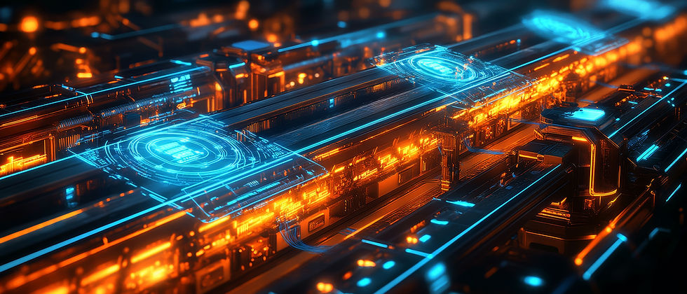 Futuristic circuit board with glowing orange and blue patterns, showcasing a digital grid design. High-tech and dynamic atmosphere.