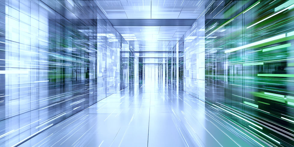 Futuristic hallway with green and blue light streaks creating a sense of high-speed movement. Glass walls and bright ambiance enhance the effect.