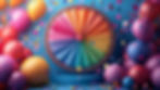 Colorful spinning wheel surrounded by vibrant balloons and confetti against a blue background. Joyful and festive atmosphere.