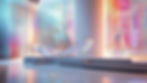 A futuristic scene with a sleek, iridescent chair and a draped figure. Vibrant lights cascade in the background, creating a serene atmosphere.