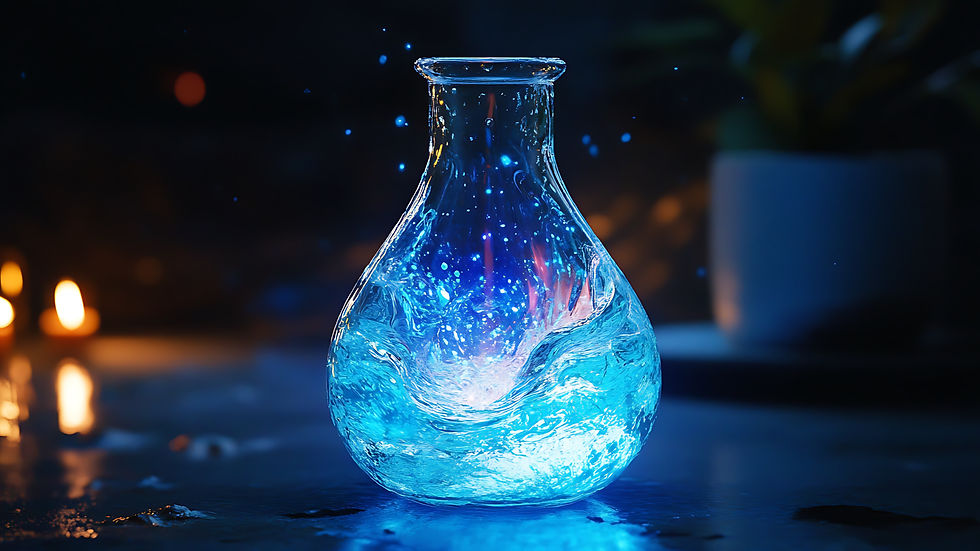 Glowing blue liquid swirls in a glass flask against a dark background, with blurred candle-like lights, creating a mystical ambiance.