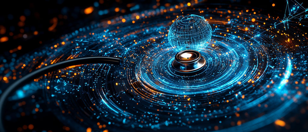 A digital stethoscope on a glowing blue and orange circuit-like surface, with a virtual globe above. Futuristic and high-tech atmosphere.