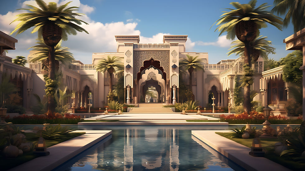 Ornate palace courtyard with palm trees and a reflective pool, intricate archways, and lush greenery under a blue sky. Peaceful ambiance.