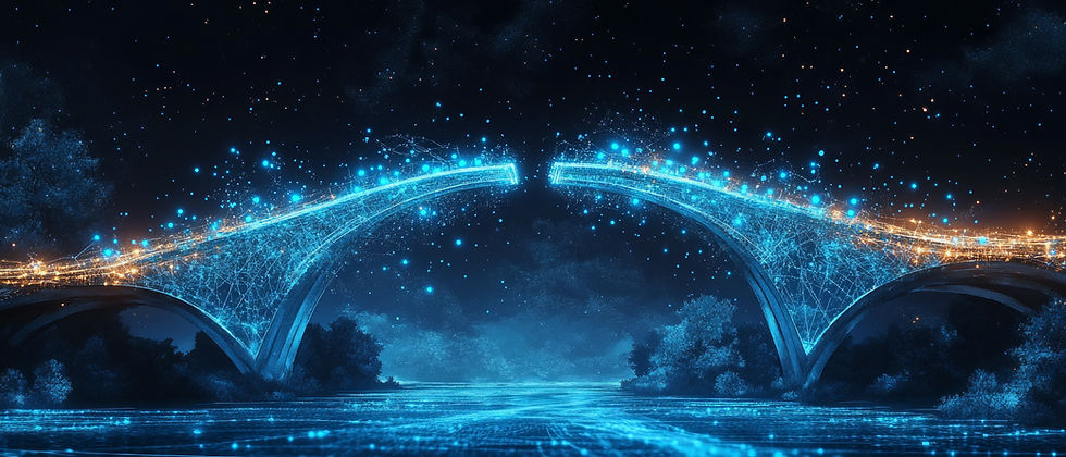 A futuristic, glowing blue digital bridge spans a starry night sky, with bright lights streaming across it. Trees and water below.