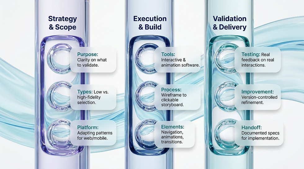 Infographic with three glass columns labeled Strategy & Scope, Execution & Build, and Validation & Delivery.
