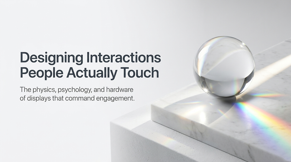 Crystal sphere on a marble surface casting a rainbow. Text: "Designing Interactions People Actually Touch" with a subtitle about display engagement.