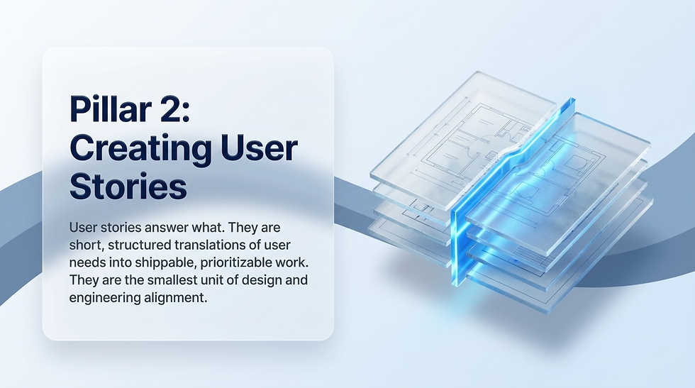Slide reading Pillar 2: Creating User Stories, with layered blueprint panels and a blue glow on a pale background.