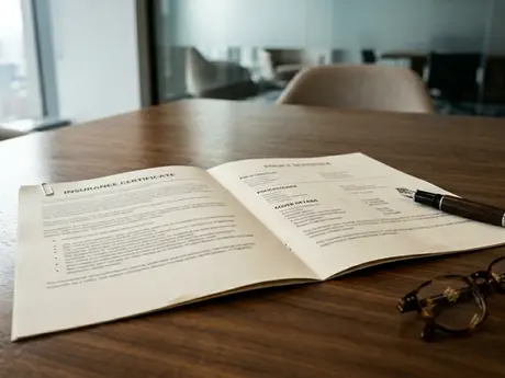 An insurance certificate and policy schedule document open on a wooden conference table, representing professional office cover insurance