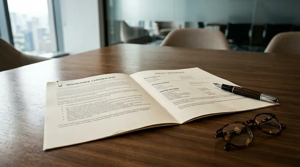An insurance certificate and policy schedule document open on a wooden conference table, representing professional office cover insurance