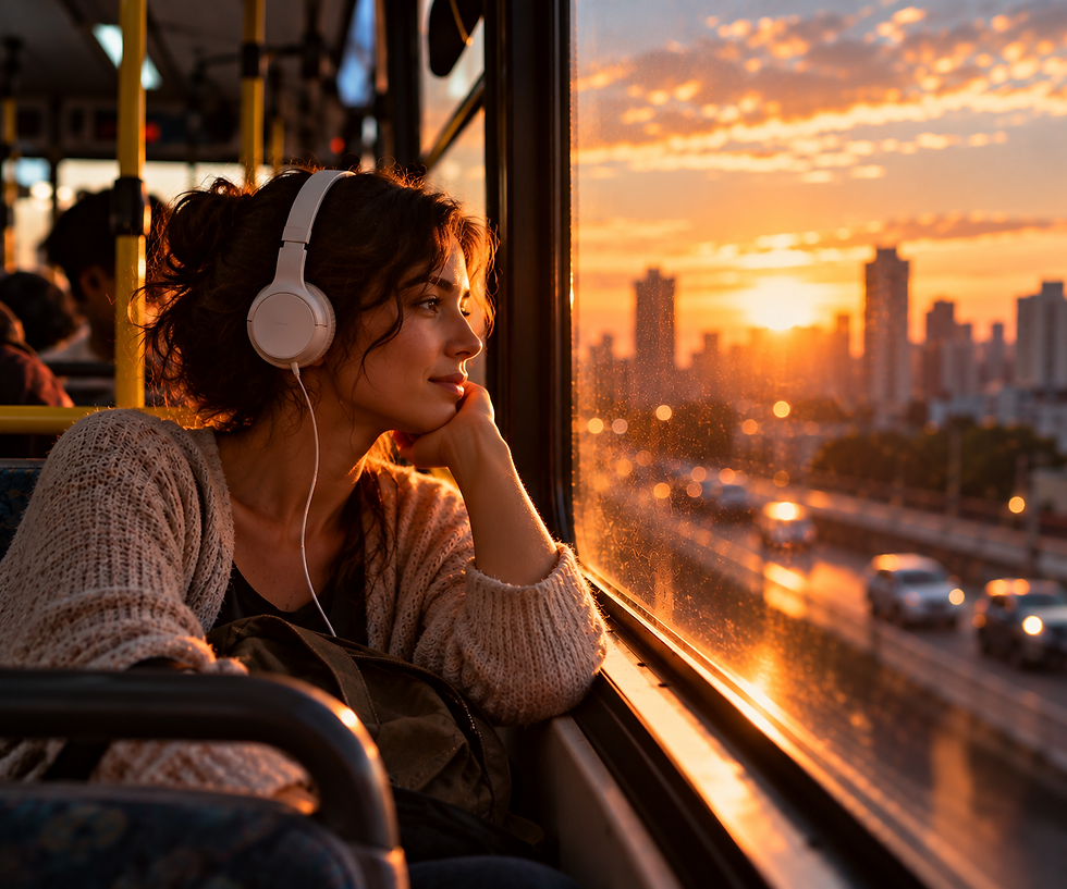 Jovem com fone de ouvido olha pela janela do ônibus o entardecer na cidade de grandes prédios