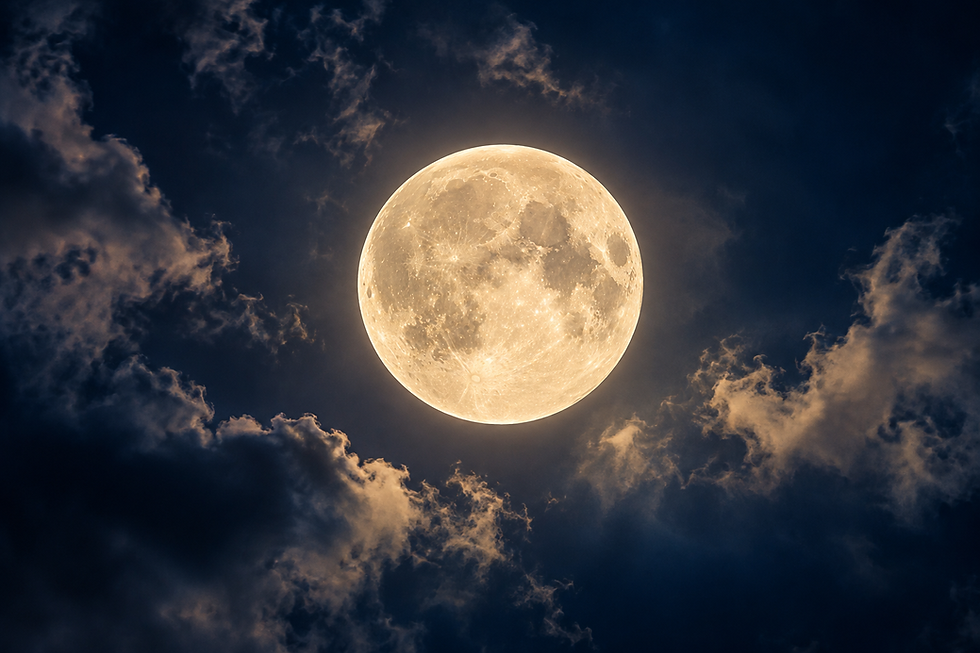 Lua cheia em um céu azul escuro, com algumas nuvens espaçadas