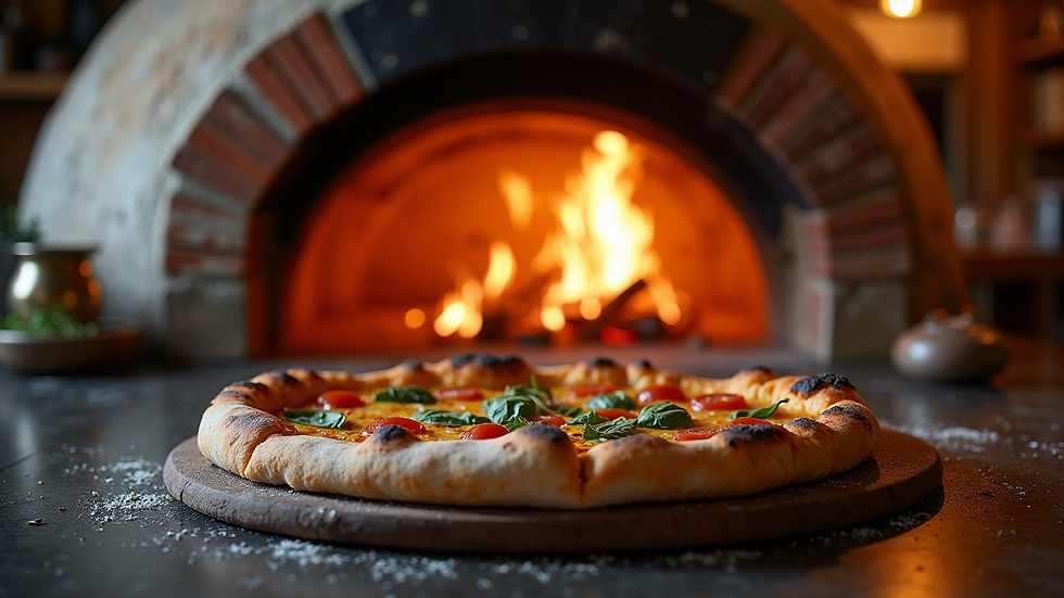 Vue en plongée d'une pizzeria traditionnelle avec un four au feu de bois en activité