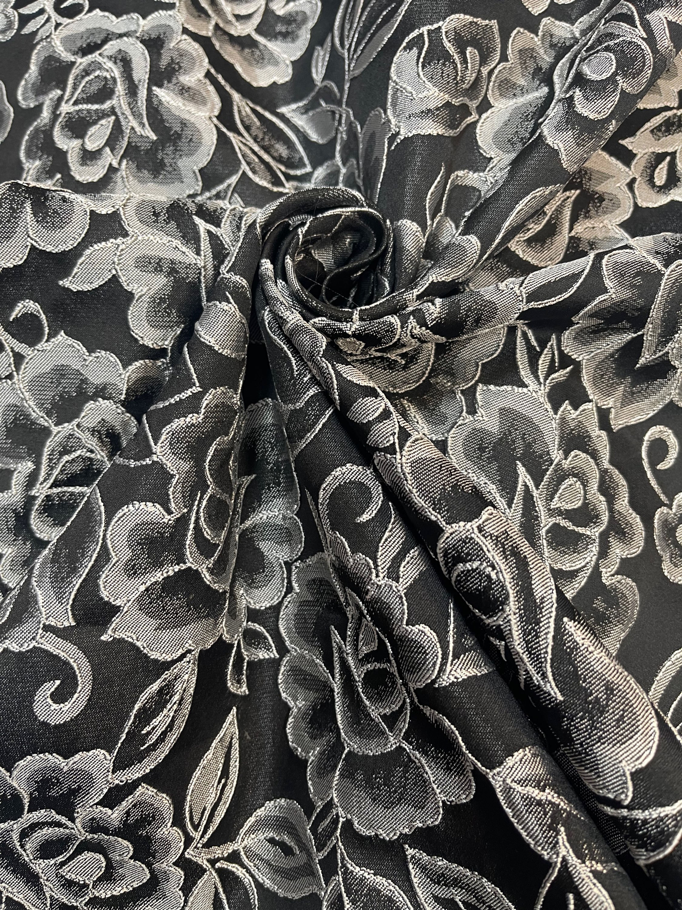 Silver Grey Luxurious Rose Style Flowers Designer Couture Brocade