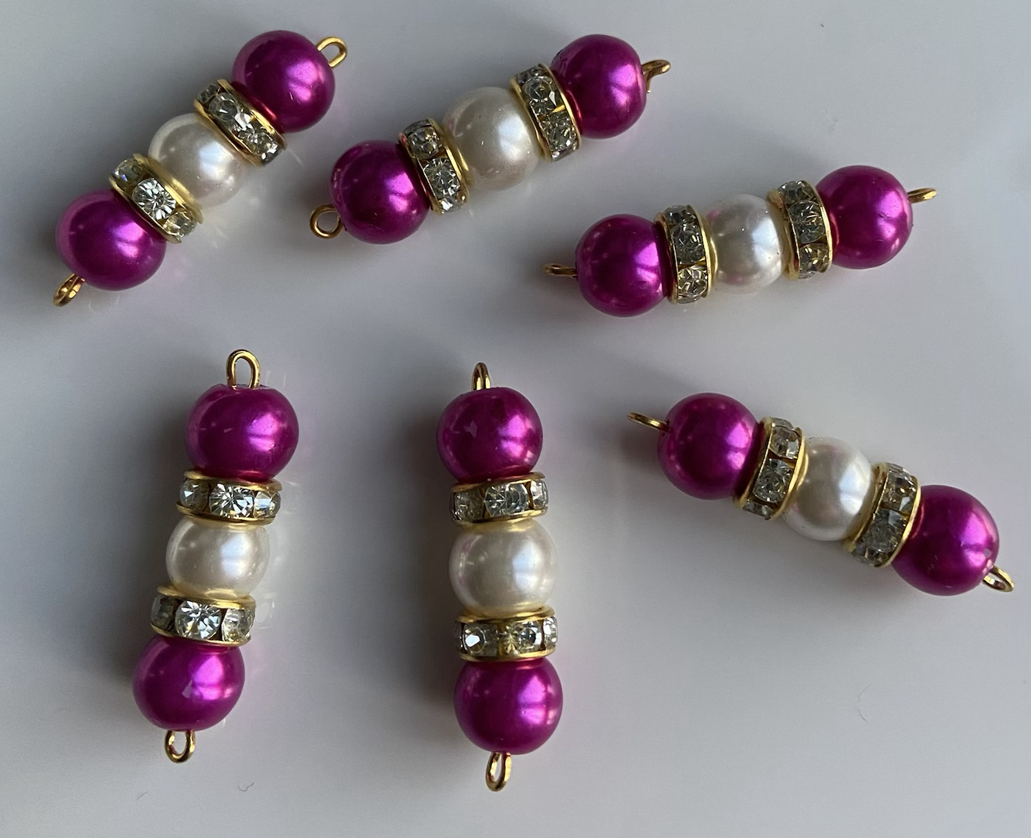 Magenta Trio Pearls With Gold & Silver Diamanté Ringlet Buttons
