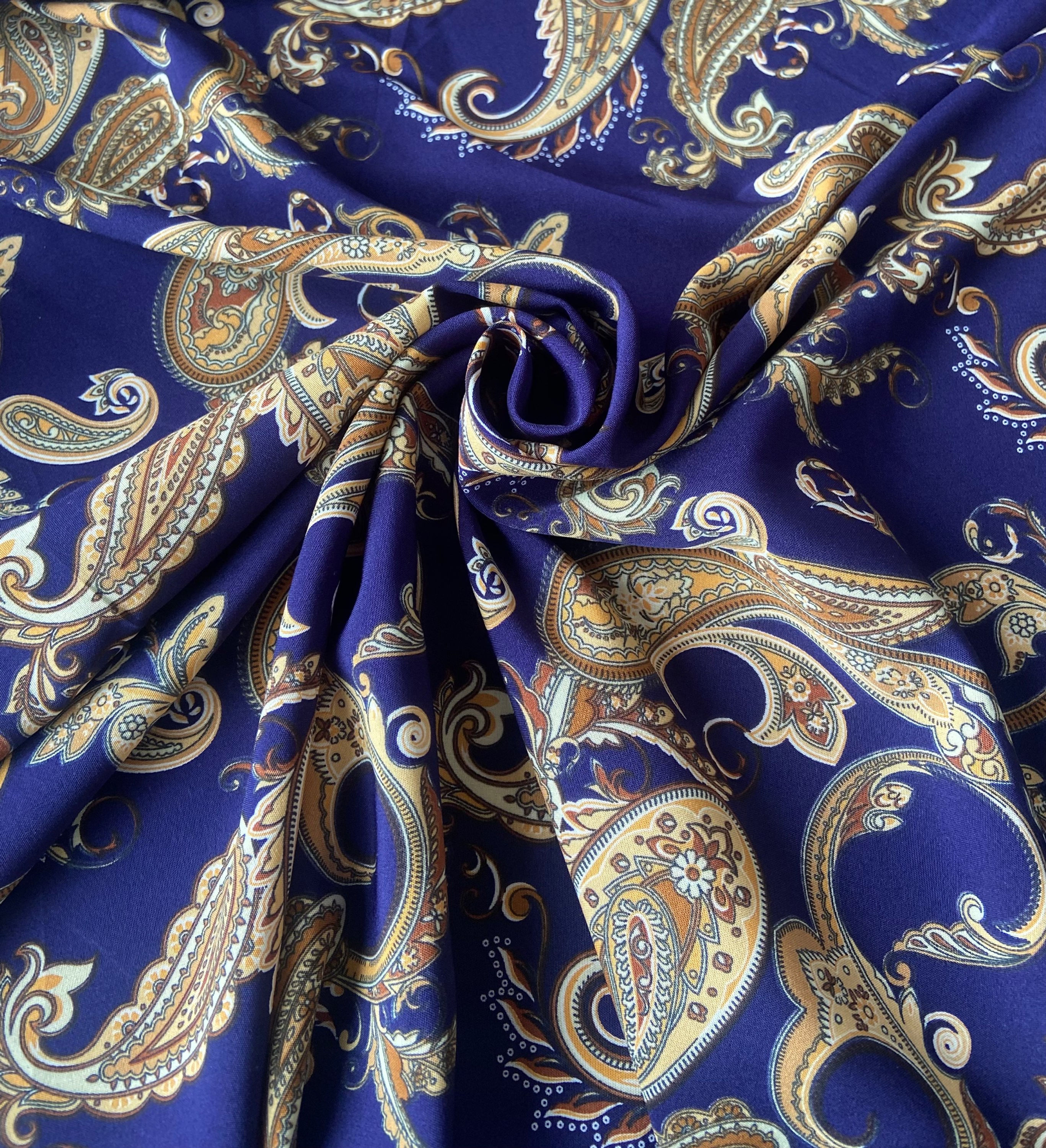 Blue Purple With Designer Style Digital Paisley Damask  Soft Viscose Crepe