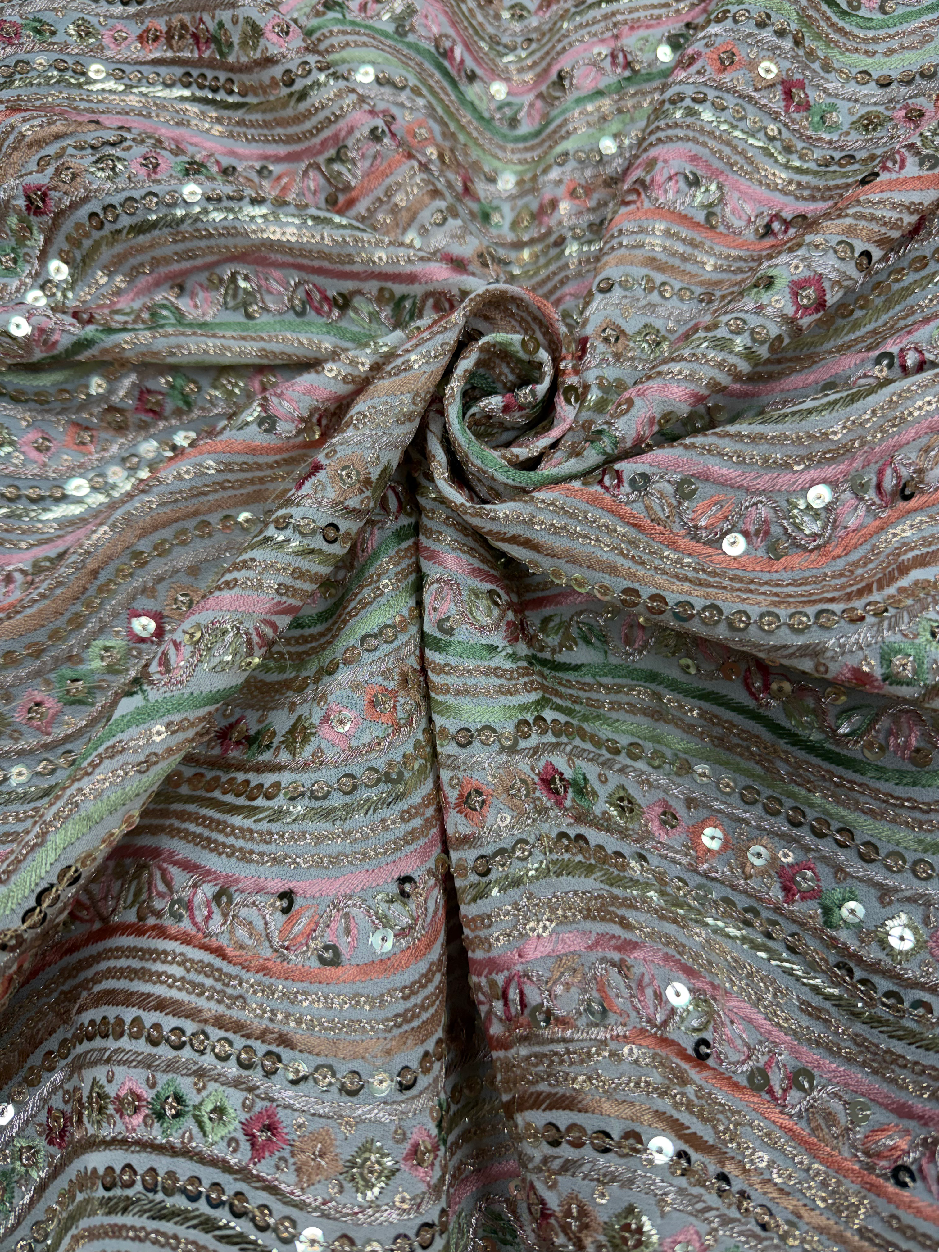 Off White With Swivel Pastel Toned Scalloped Edge Embroidered Georgette