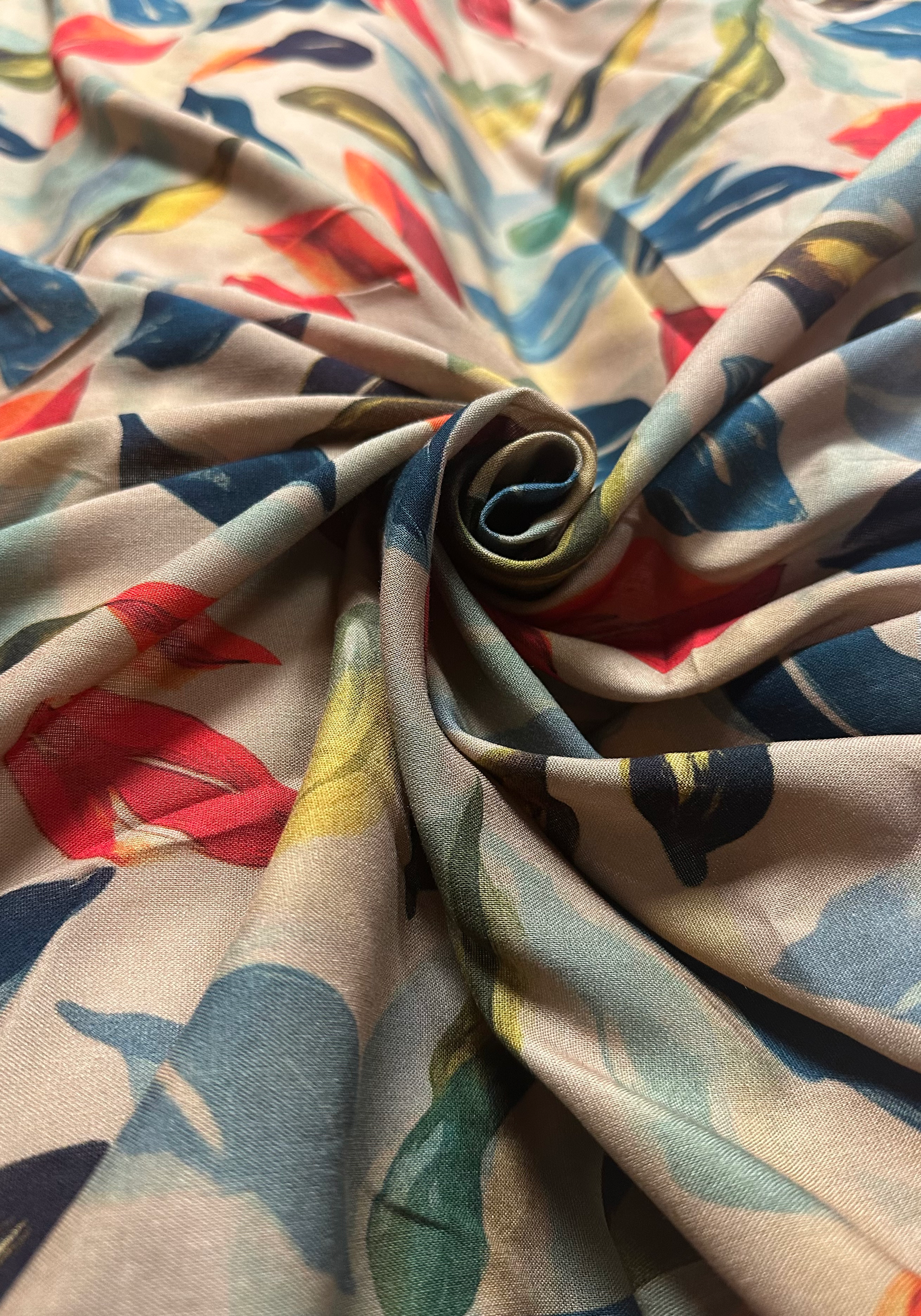 Dark Gold With Colourful Floral Leaves 100% Woven Viscose