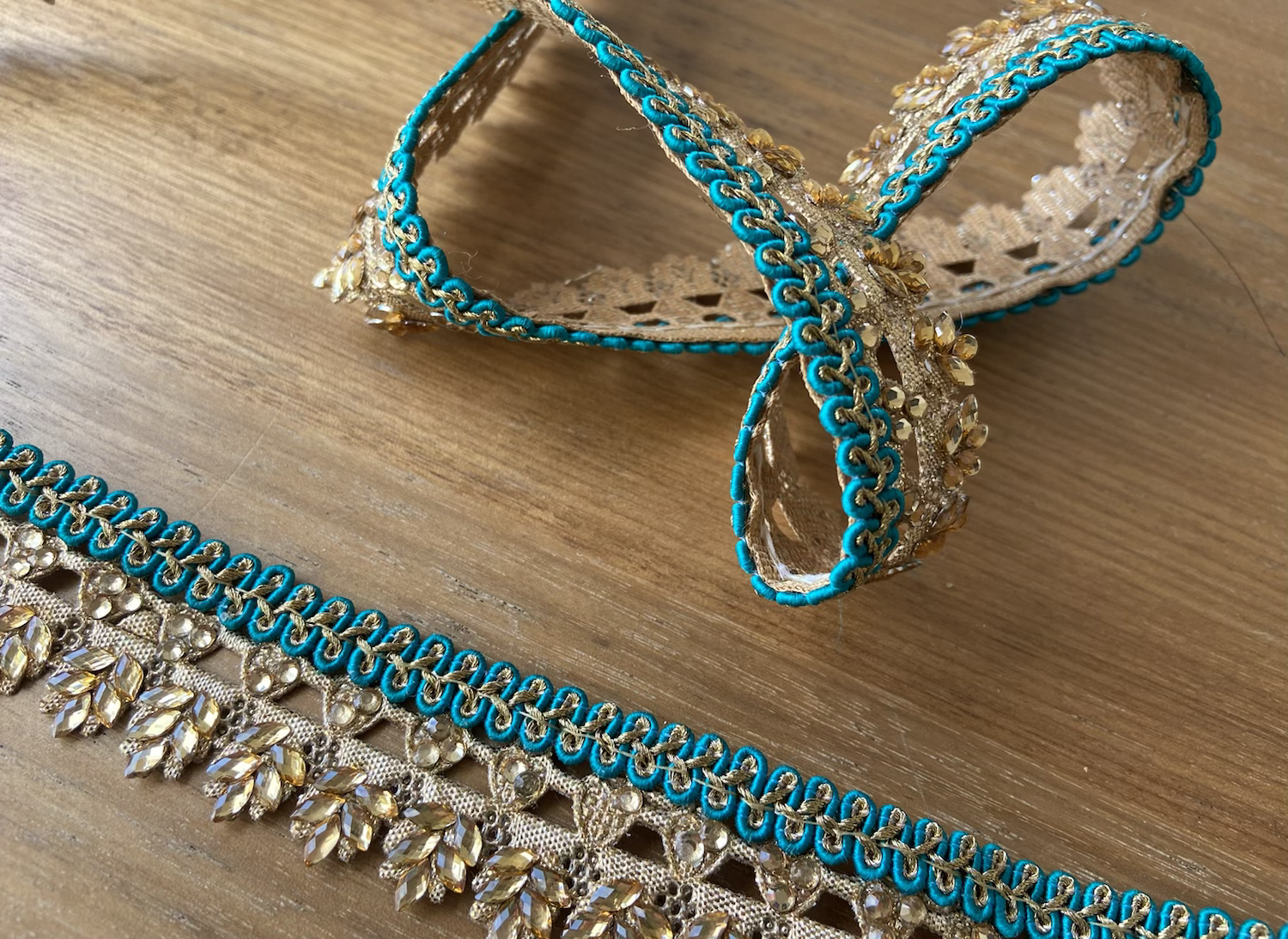Digital Blue & Gold Braided Edge With Leaf Droplets Trim