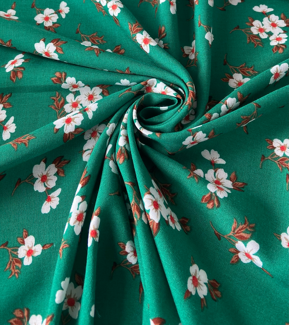 Forest Green With White & Red Toned Flowers 100% Woven Viscose