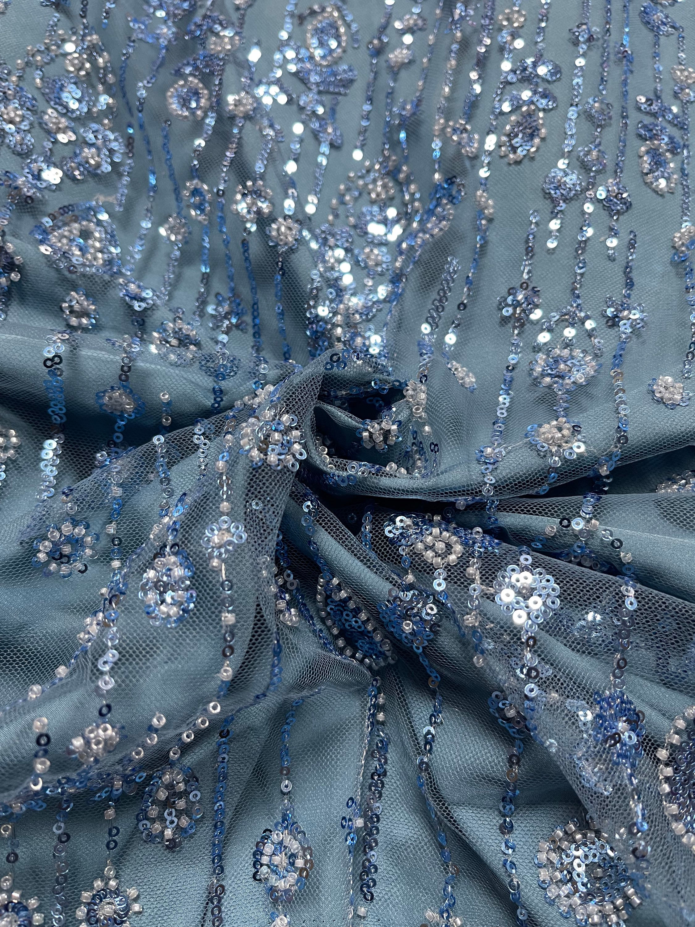 Blue Grey Luxurious Heavy Beaded & Sequin Bridal Lace