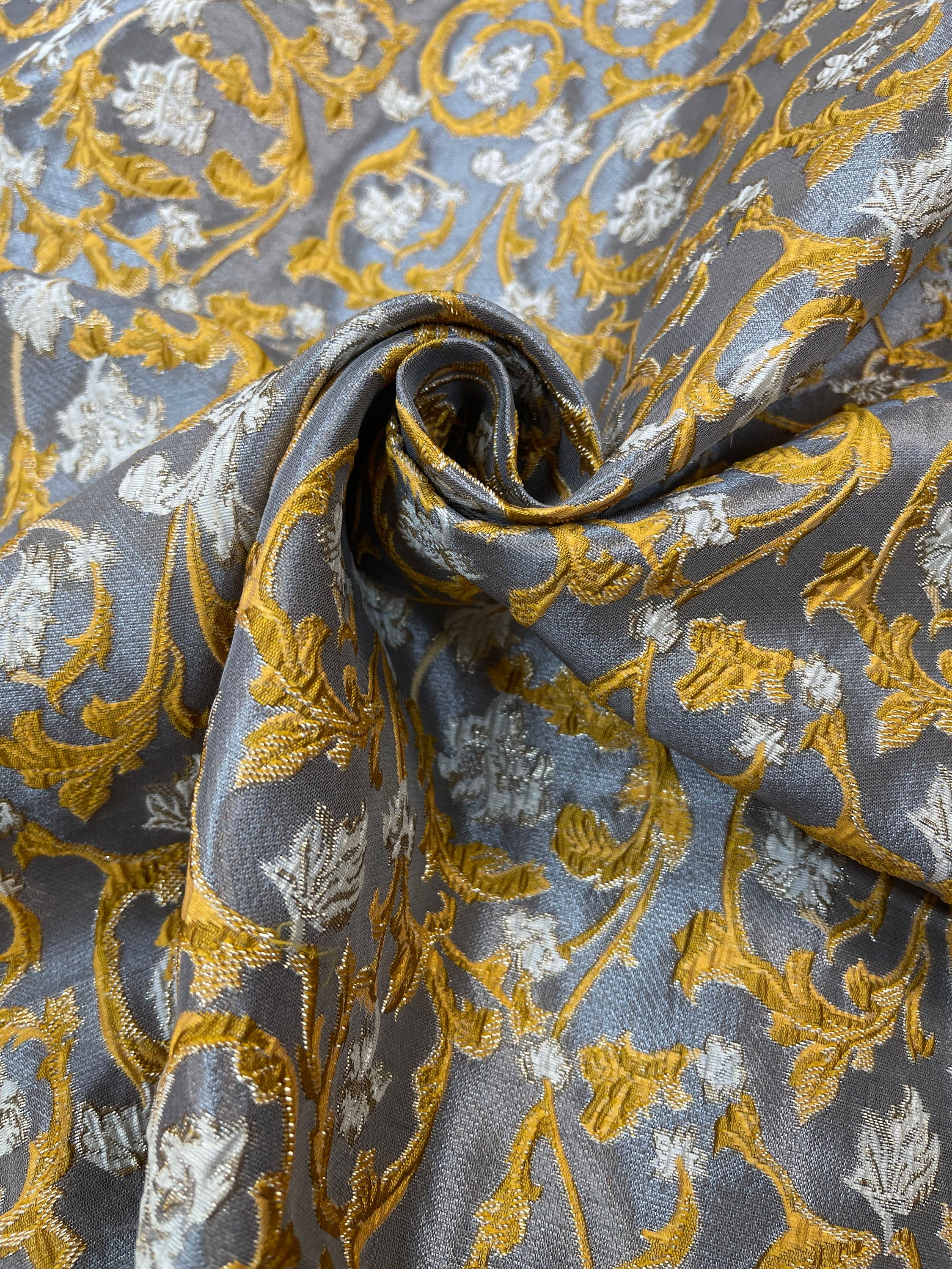 Dark Grey With Mustard Yellow Floral Brocade