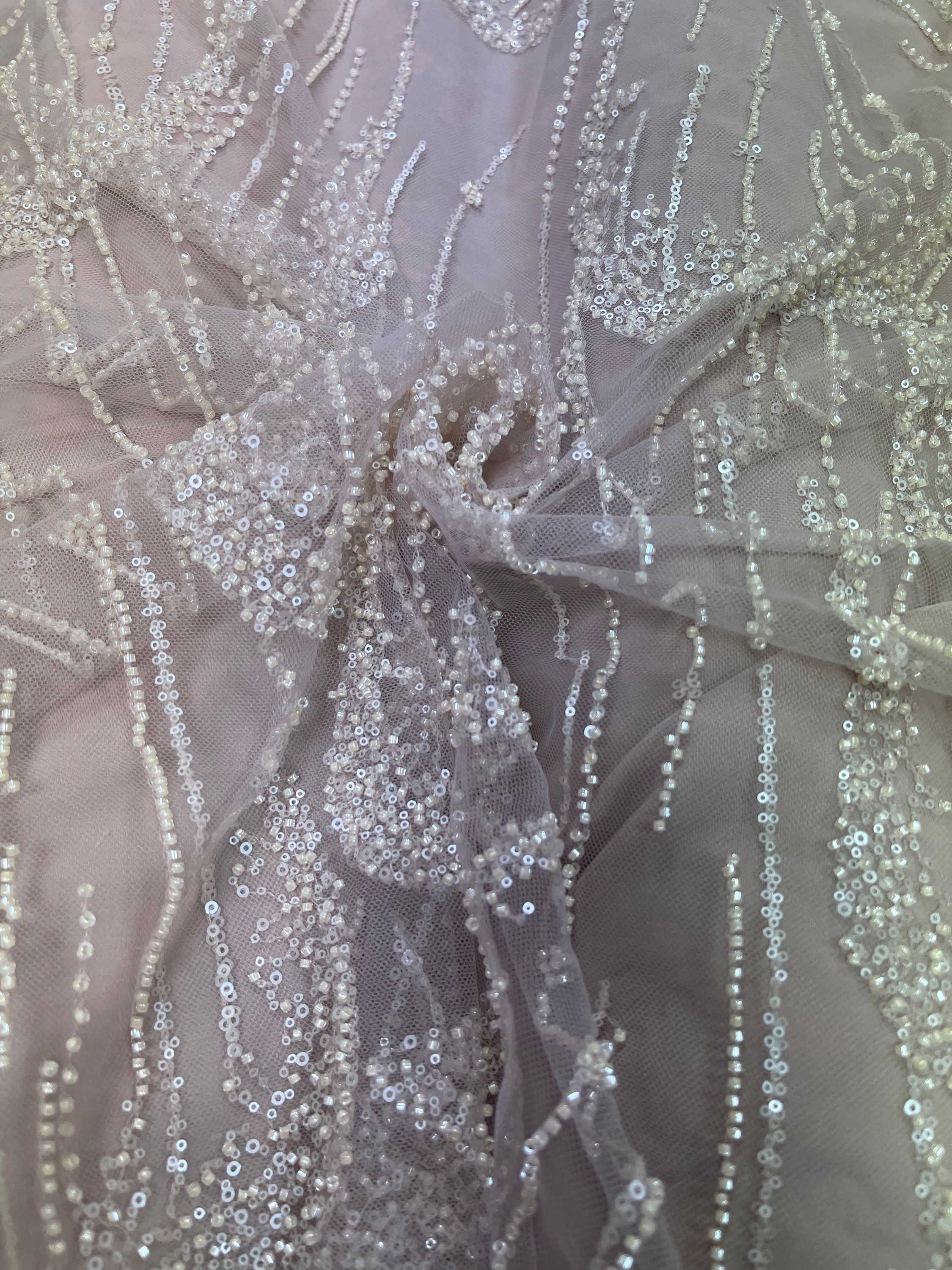 Oat Cream Heavy Beaded & Sequin Bridal Lace