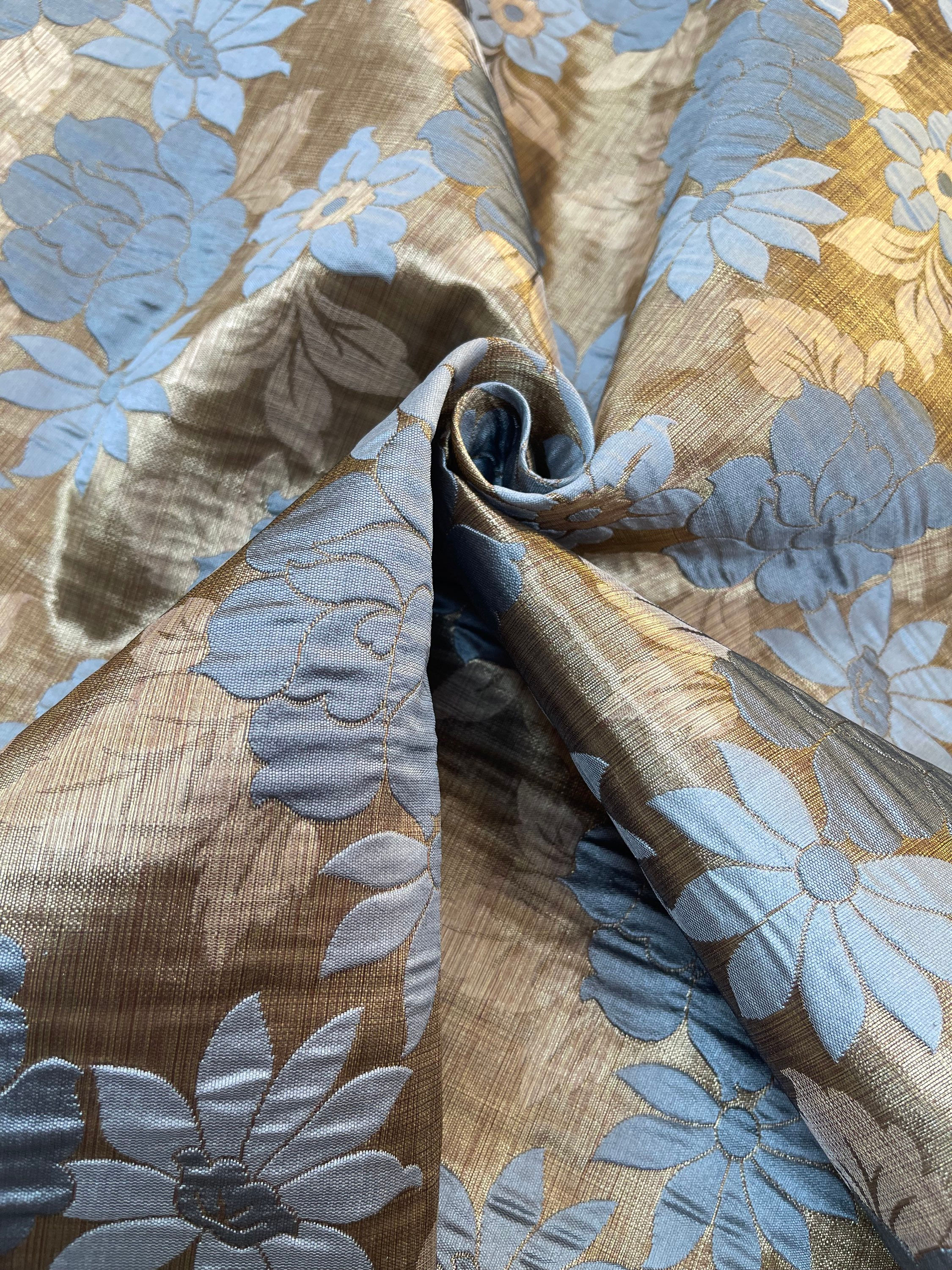 Rusty Gold With Blue Grey Flowers Reversible Designer Brocade