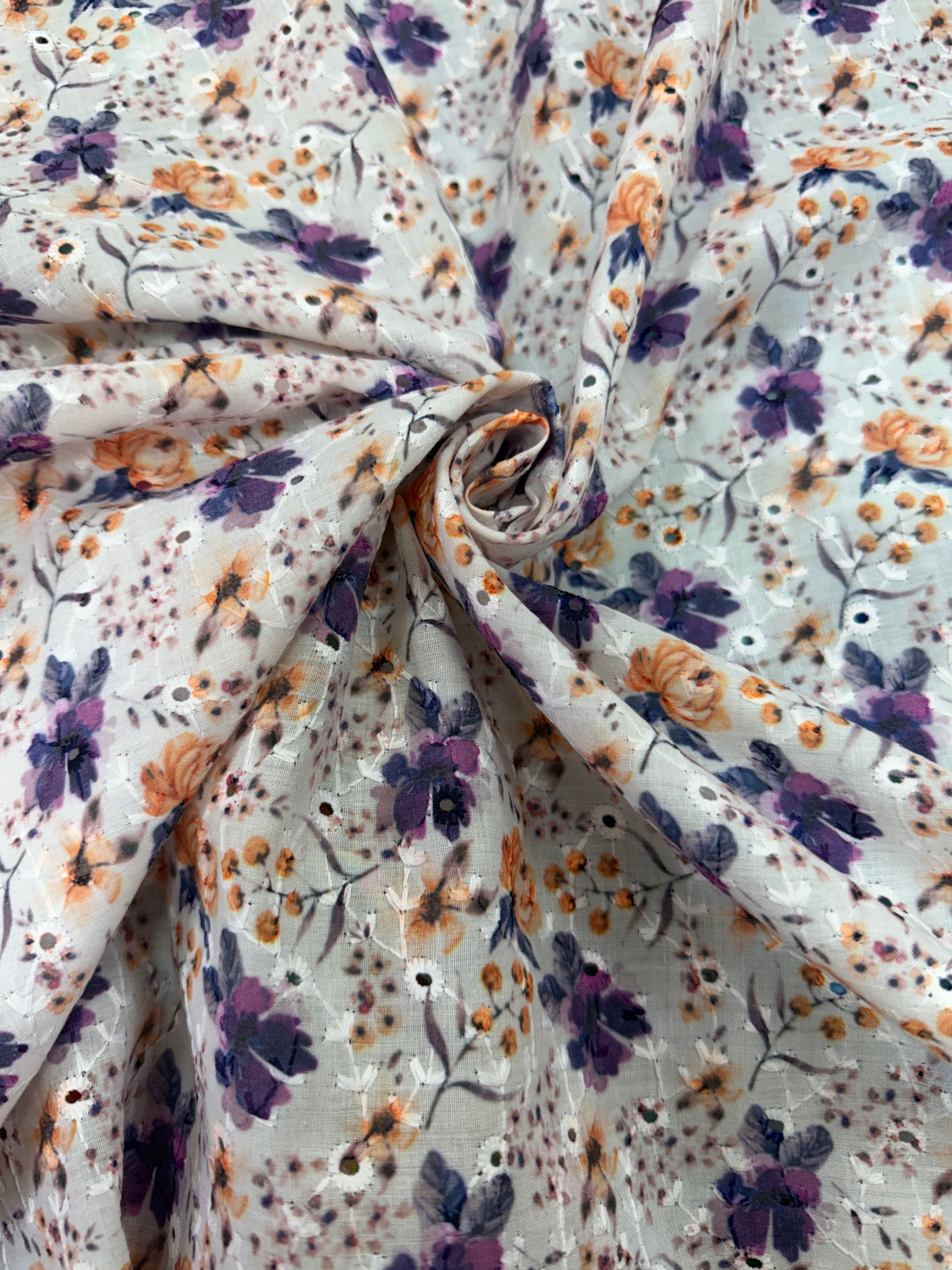Purple & Soft Orange Flower Printed PolyCotton Broderie Anglaise