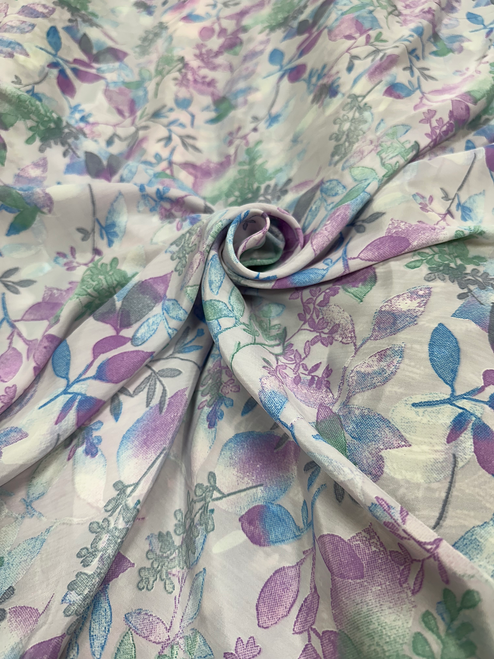 Champagne Cream With Magenta & Blue Flowers Silky 100% Italian Super Crepe