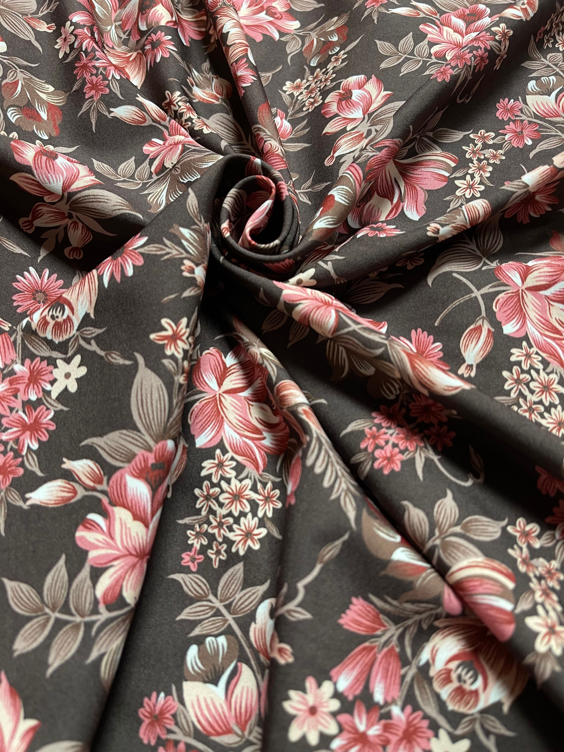 Dark Brown With Peach Pink & Maroon Flowers Viscose Crepe