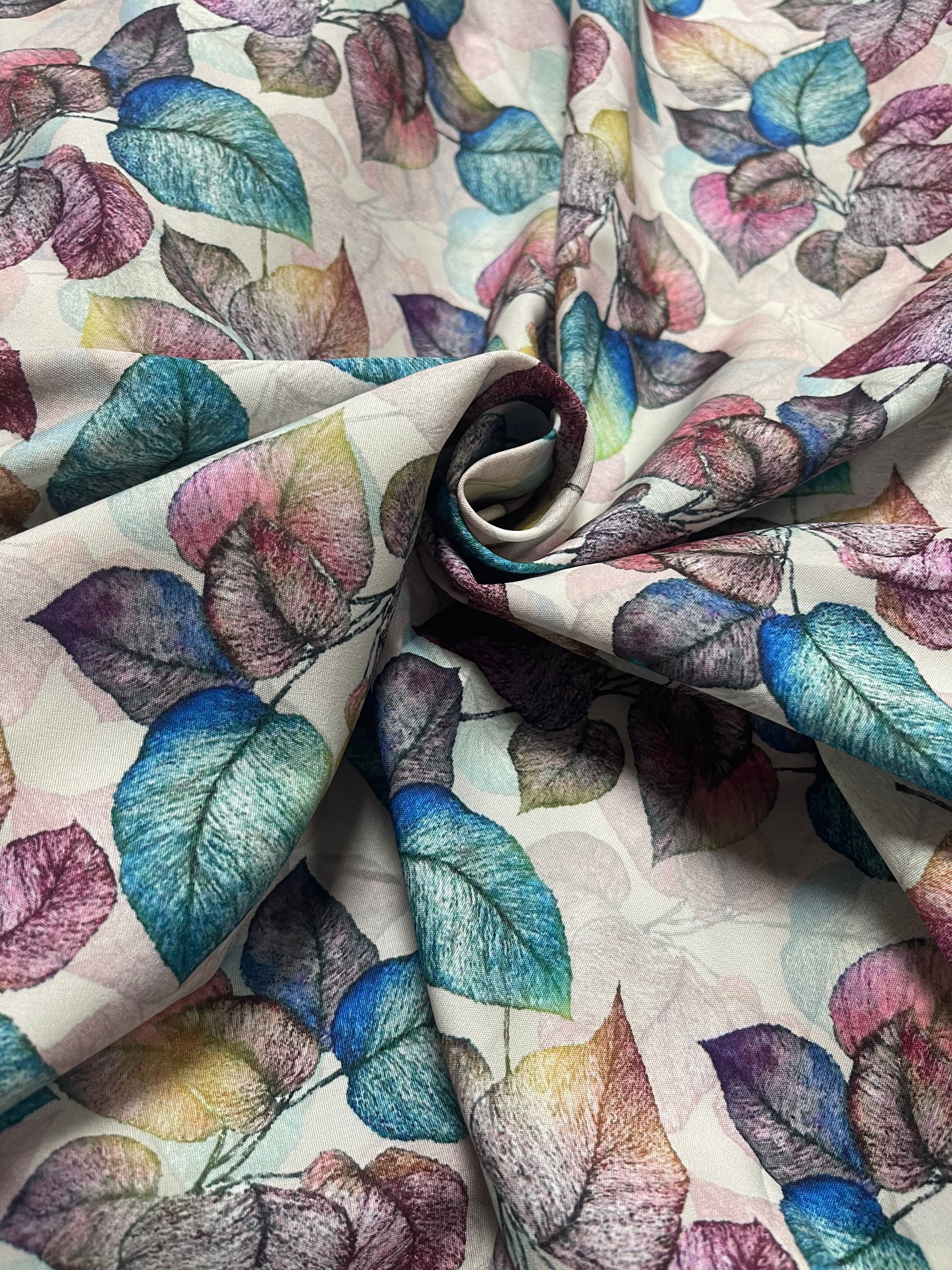 Oat Cream Base With Watercolour Printed Leaves Viscose Crepe