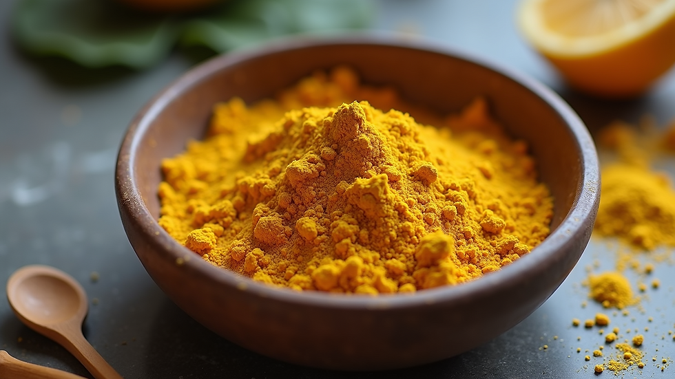Eye-level view of a bowl with amla powder hair mask mixture