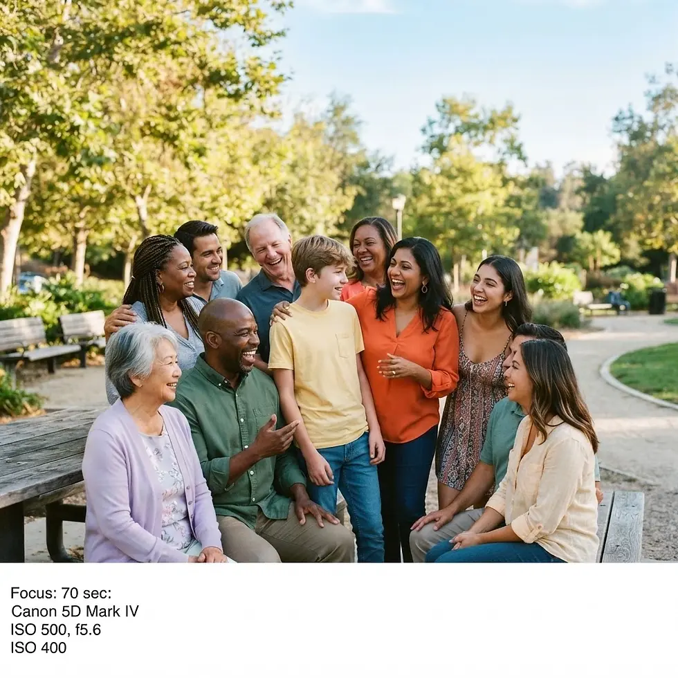 Packshot photography of a multi-generational family group posing in a park. All members are smiling and interacting, conveying warmth and togetherness.