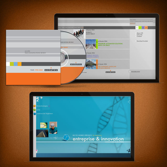 Réalisation de cd-roms de communication interne pour le groupe Alcatel.
Réalisation d'un site pour BiotechNîmes.