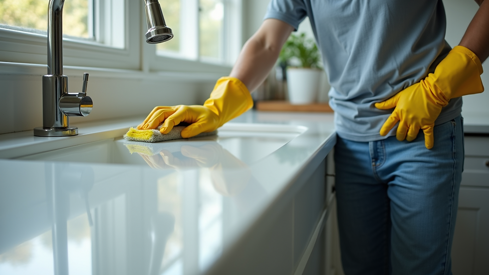 High angle view of a professional cleaner scrubbing a kitchen countertop
