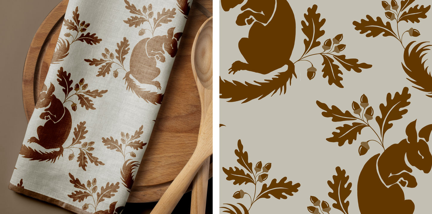 Squirrel pattern design blog showing kitchen textiles.