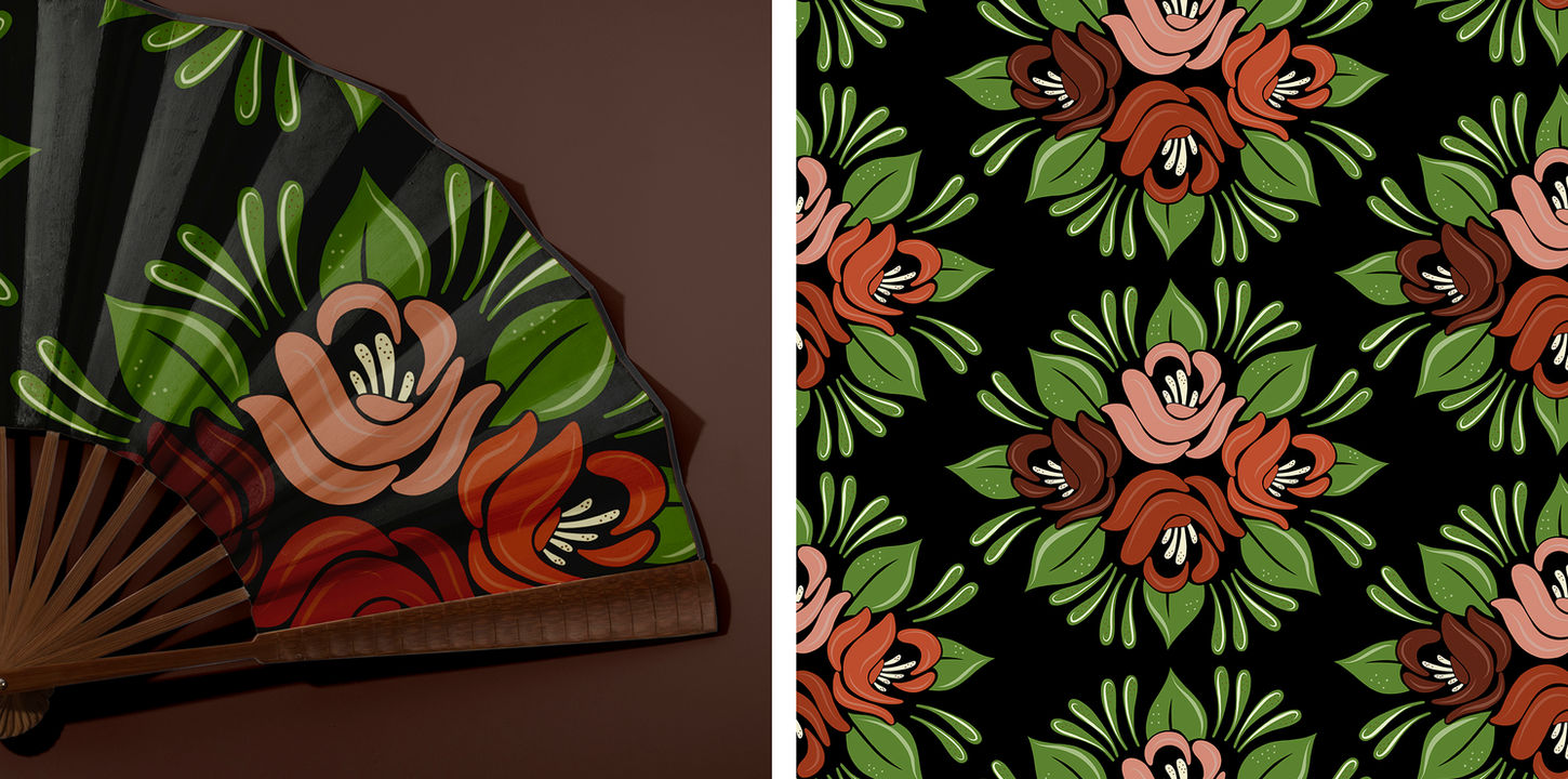 Surface pattern design with floral fan and pattern.