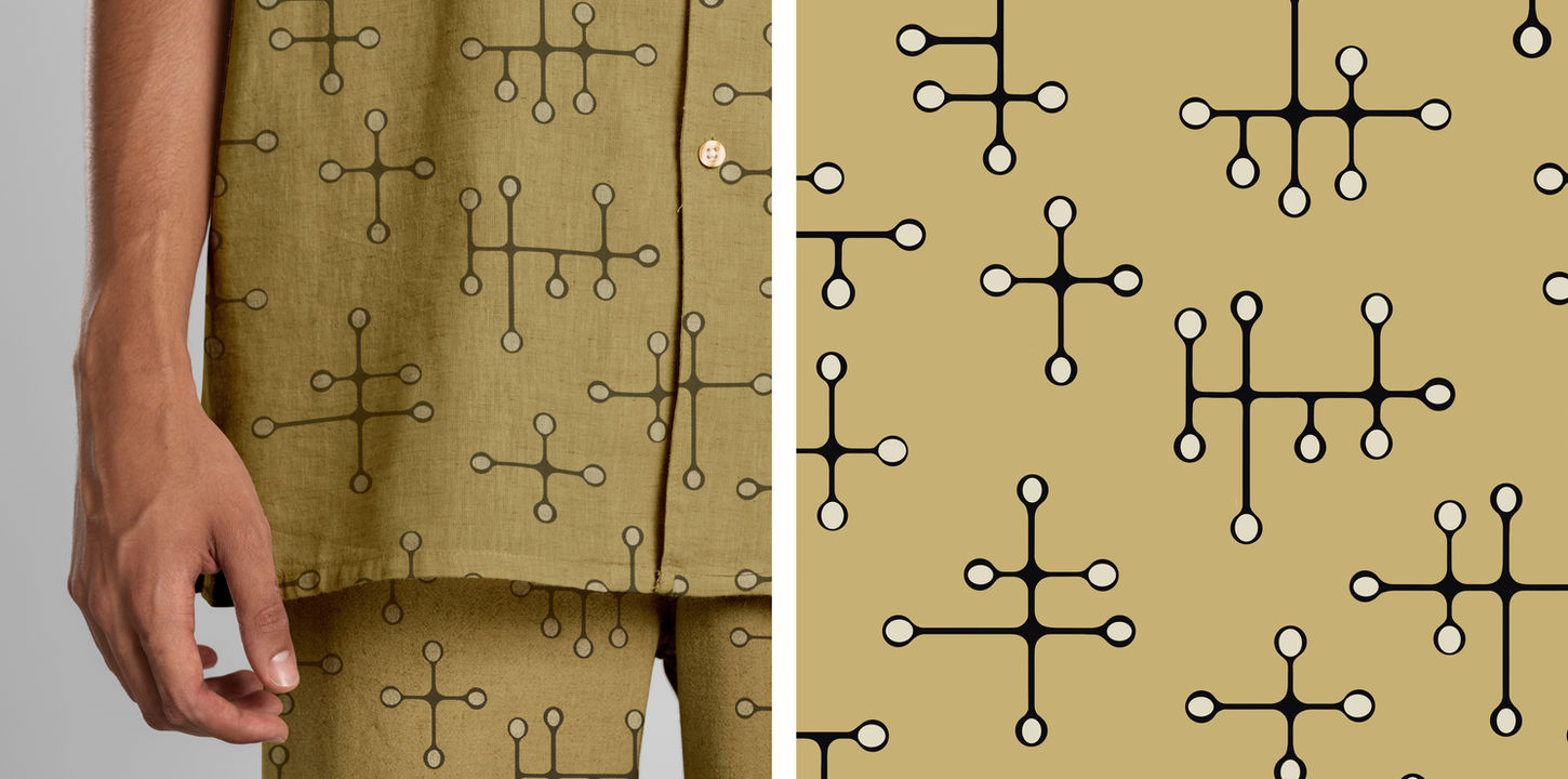 Mid-century modern style surface pattern design on gold fabric.
