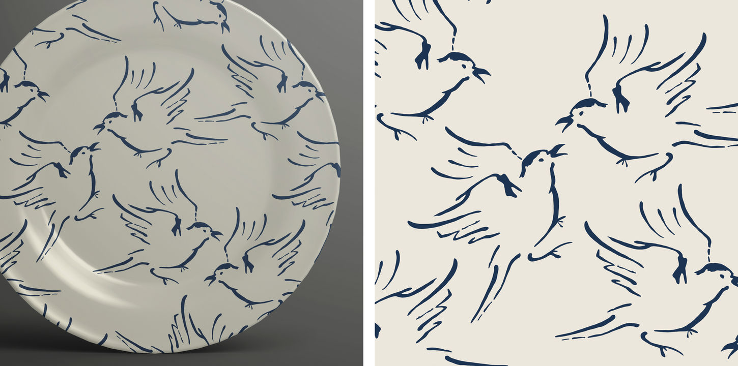 Bird pattern sample on a plate and flat surface design.