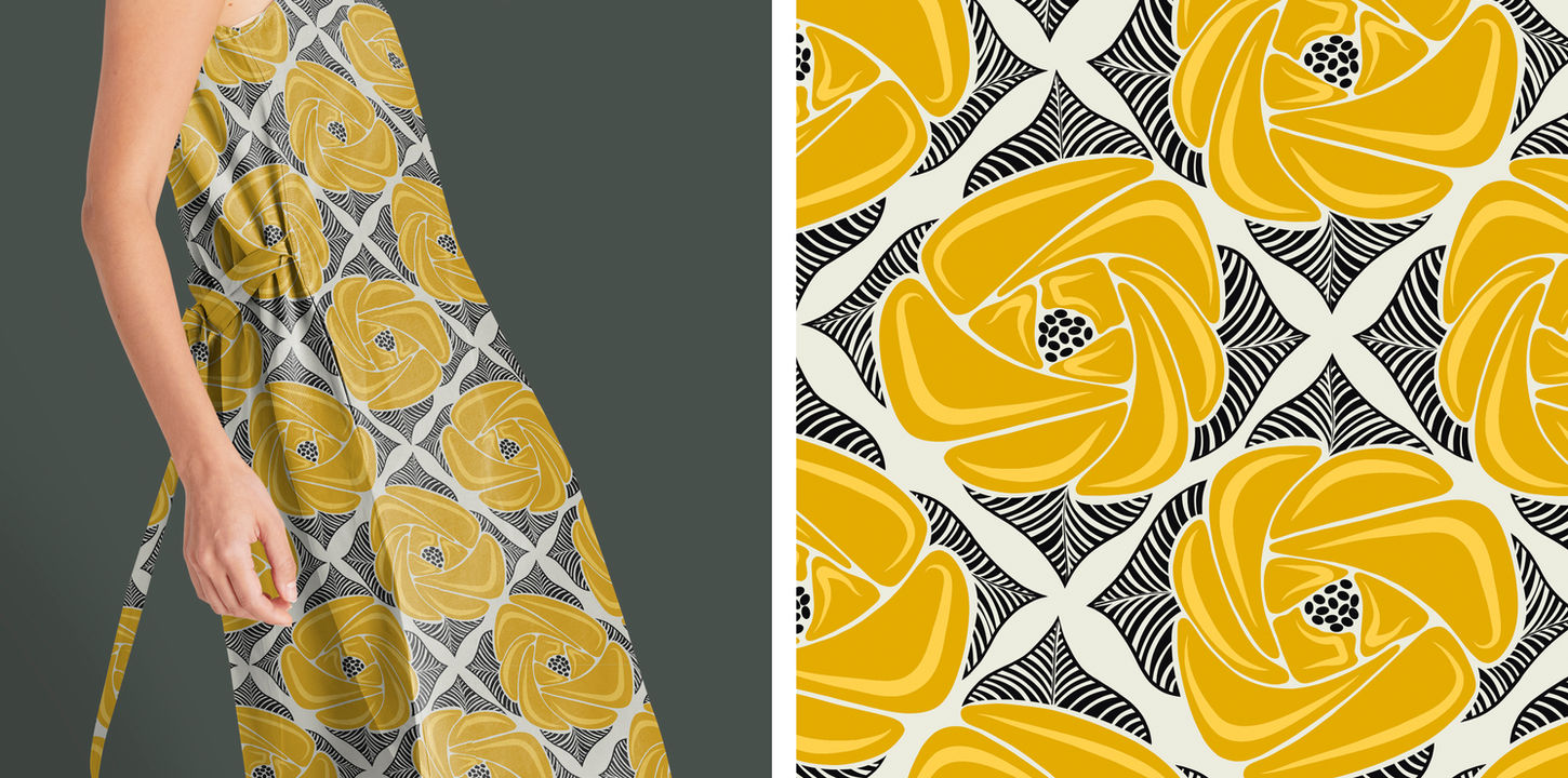 Yellow floral surface pattern design blog mockup and swatch.